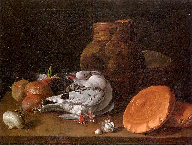 Still Life with Pigeons, Onions, Bread, and Kitchen Utensils, vintage artwork by Luis Melendez, 12x8" (A4) Poster