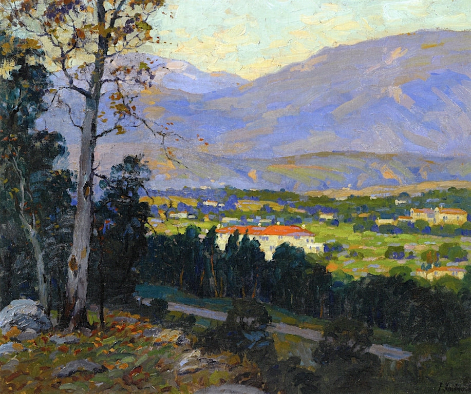 Late Afternoon, La Cañada Valley from Flint Ridge Drive, Pasadena, vintage artwork by Ferdinand Kaufmann, 12x8" (A4) Poster
