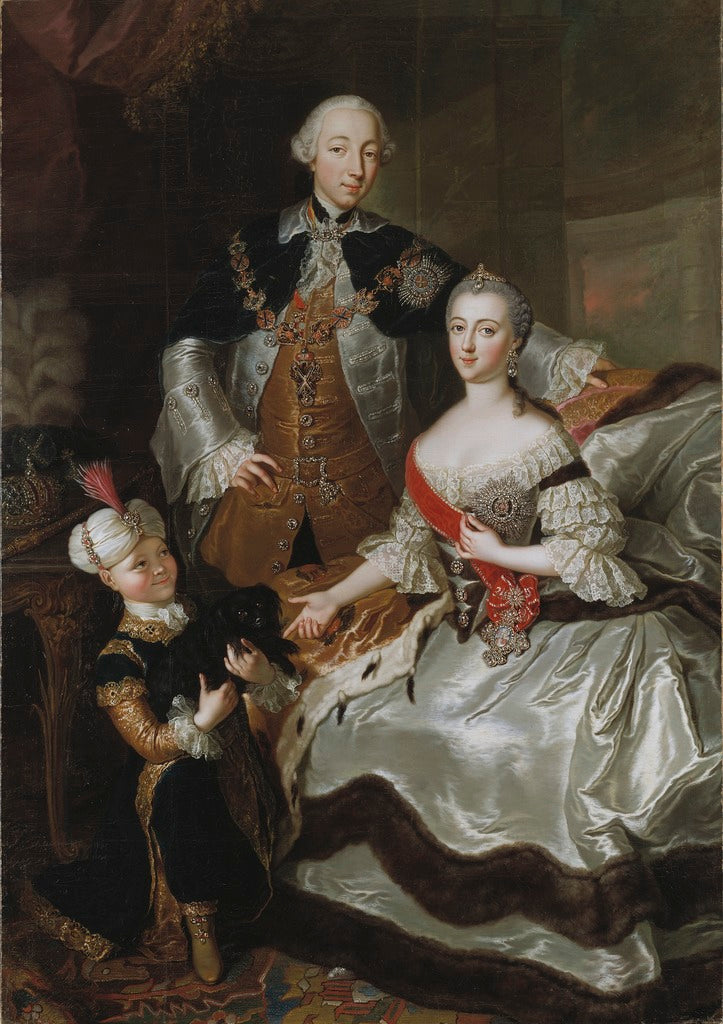Grand Duke Peter Fedorovich of Russia, Grand Duchess Catherine Alexeyevna and a page, vintage artwork by Anna Rosina de Gasc, 12x8" (A4) Poster