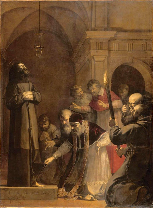 Pope Nicholas V Visiting the Tomb of St Francis of Assisi in 1449, vintage artwork by Laurent de La Hyre, 12x8" (A4) Poster