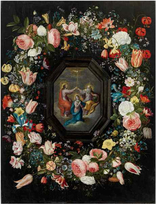 Flower garland surrounding a coronation of Mary, vintage artwork by Frans Francken the Younger, 12x8" (A4) Poster