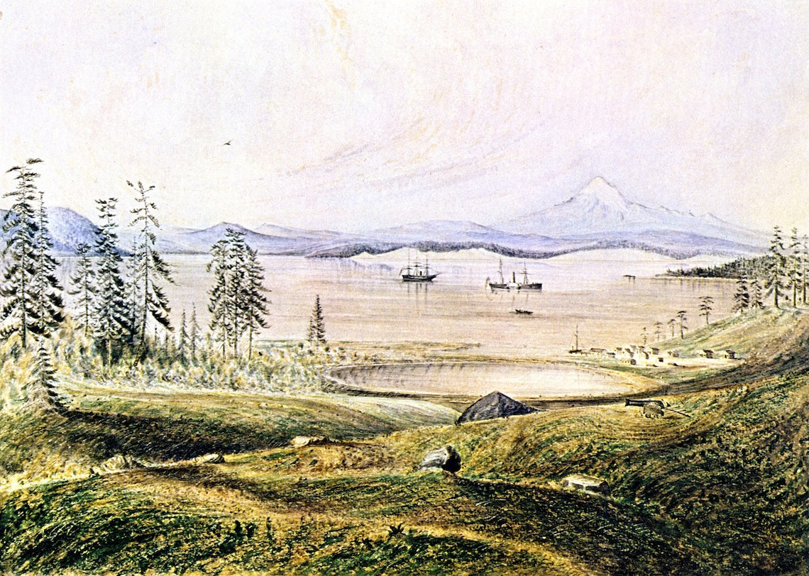 View from Hill on San Juan Island Looking South with Ontario Roads, Active and Ewing at Anchor, Lopez Island and Mount Baker in the Distance, vintage artwork by James Madison Alden, 12x8" (A4) Poster