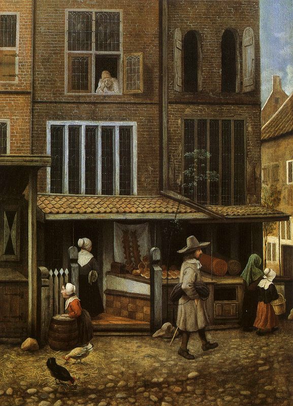 Street Scene with Bakery, vintage artwork by Jacobus Vrel, 12x8" (A4) Poster