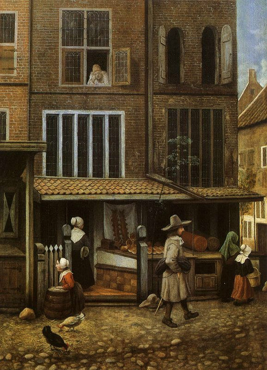 Street Scene with Bakery, vintage artwork by Jacobus Vrel, 12x8" (A4) Poster