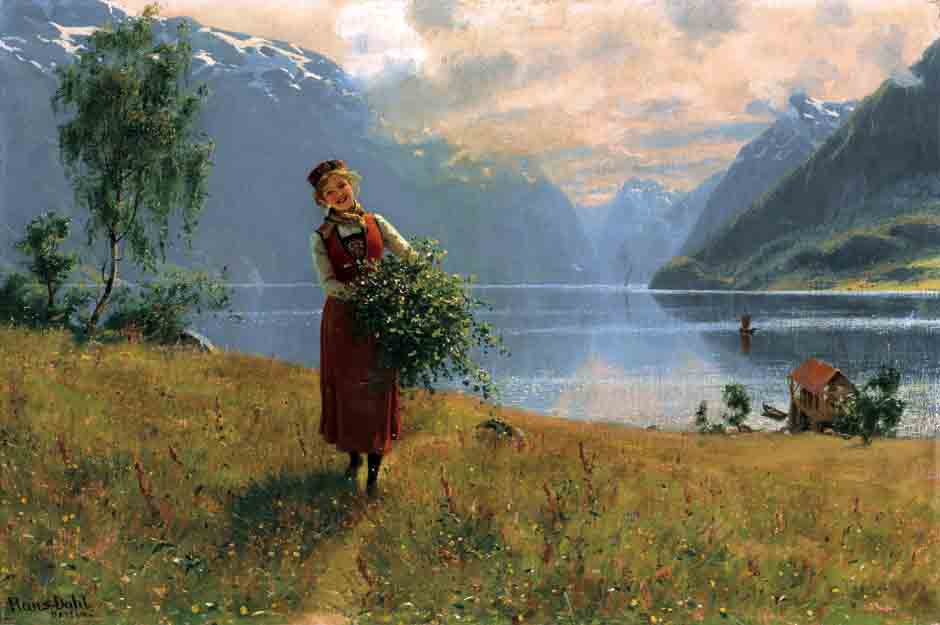 Young Girl with Birch Twigs in Front of a Norwegian Fjord, vintage artwork by Hans Dahl, 12x8" (A4) Poster