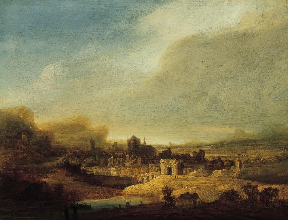 Landscape with View of a Town, vintage artwork by Jan Lievens, 12x8" (A4) Poster