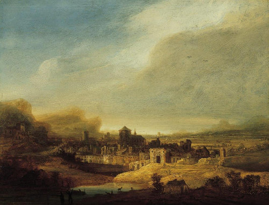 Landscape with View of a Town, vintage artwork by Jan Lievens, 12x8" (A4) Poster