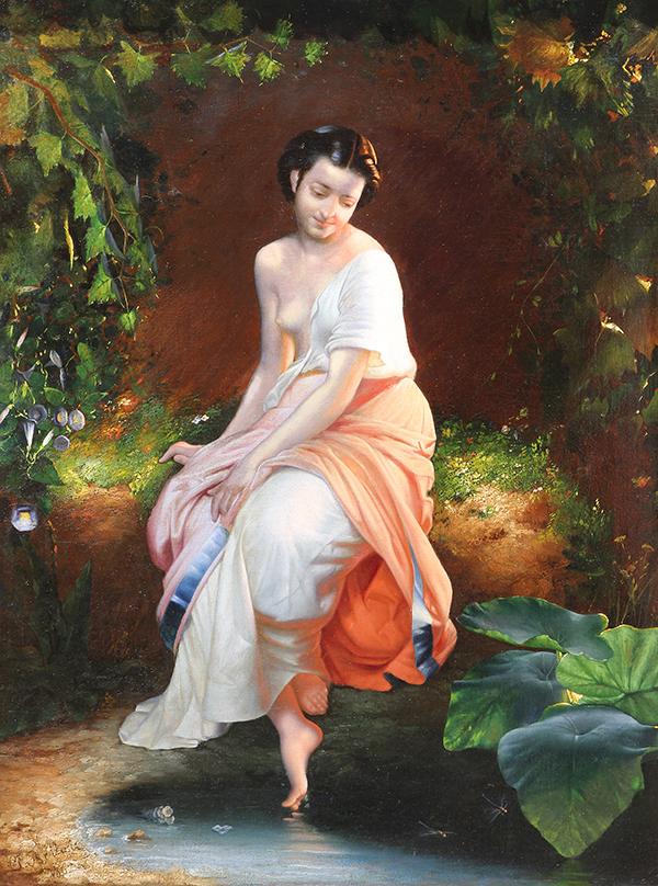 Lady Seated by  a Pond, vintage artwork by Andrei Franzowitsch Belloli, A3 (16x12") Poster Print