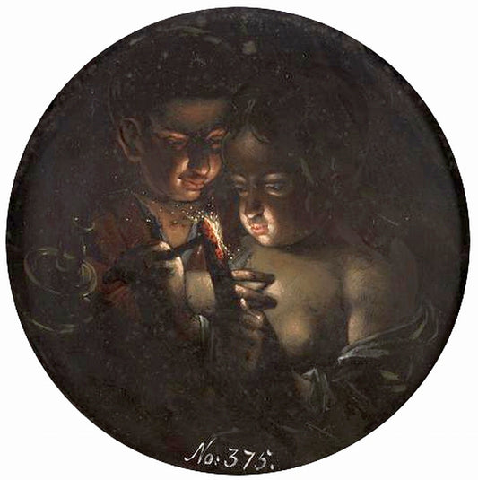 Boy and girl lighting a candle, vintage artwork by Dirk de Quade van Ravesteyn, 12x8" (A4) Poster