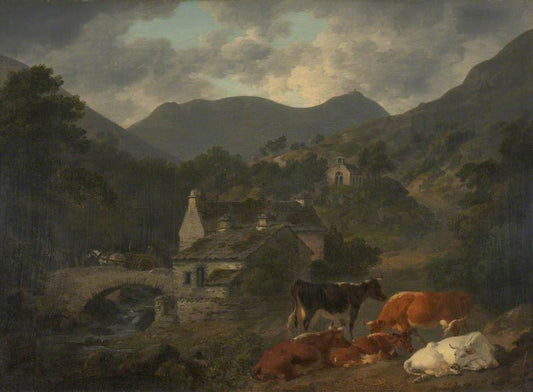 Buttermere Bridge and Church from 'The Fish Inn', vintage artwork by Julius Caesar Ibbetson, 12x8" (A4) Poster