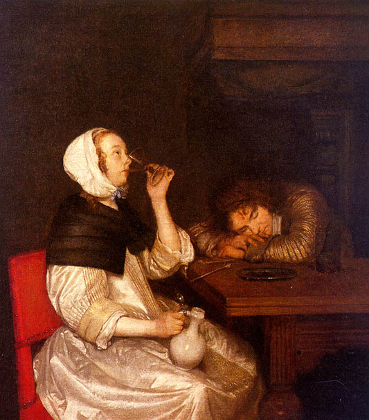 Woman Drinking with Sleeping Soldier, vintage artwork by Gerard ter Borch, 12x8" (A4) Poster
