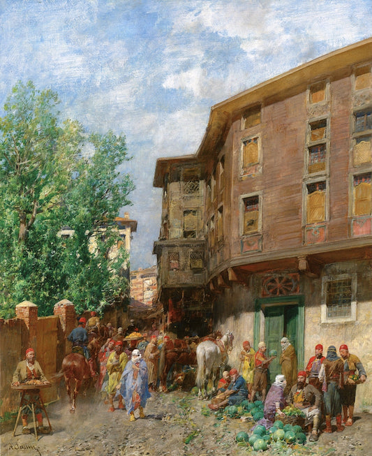 Market in Constantinople, vintage artwork by Alberto Pasini, 12x8" (A4) Poster