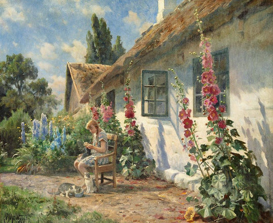 Summer day in the garden with a girl knitting, vintage artwork by Peder Mork Mønsted, 12x8" (A4) Poster