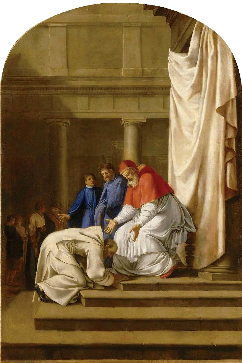 Life of Saint Bruno, Saint Bruno at the Feet of Pope Urban II, vintage artwork by Eustache Le Sueur, 12x8" (A4) Poster