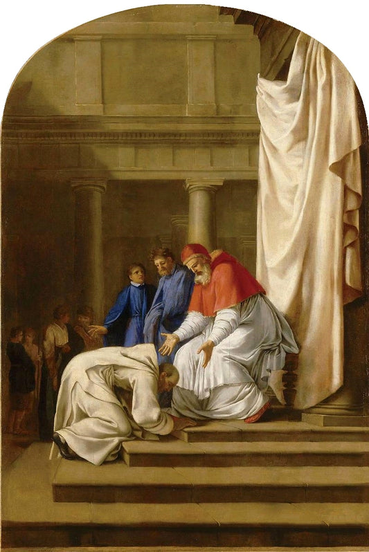 Life of Saint Bruno, Saint Bruno at the Feet of Pope Urban II, vintage artwork by Eustache Le Sueur, 12x8" (A4) Poster