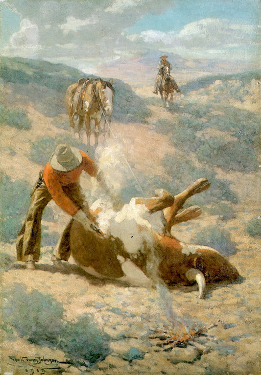 Branding a Steer, vintage artwork by Frank Tenney Johnson, 12x8" (A4) Poster