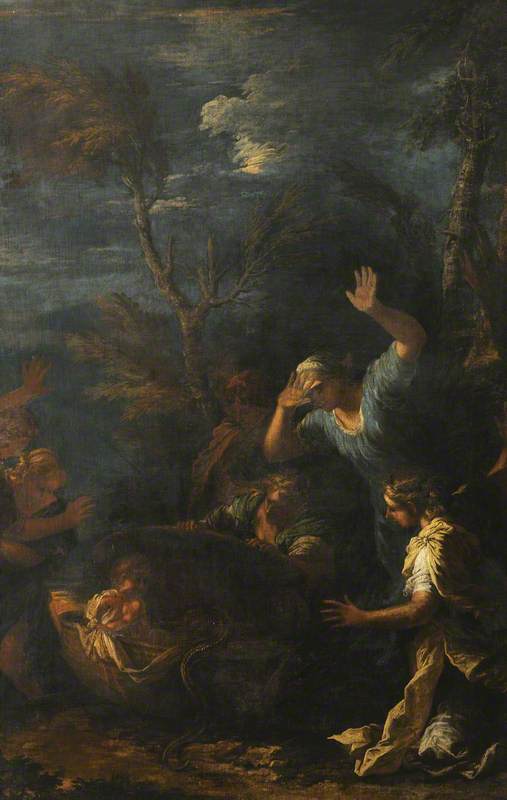 The Infant Erichthonius Delivered to the Daughters of Cyclops to be Educated, vintage artwork by Salvator Rosa, 12x8" (A4) Poster