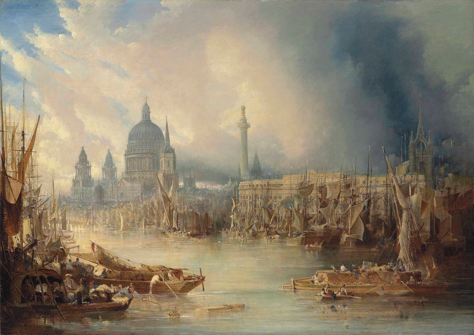 View of St Paul's Cathedral and the Monument from the South Bank of the River Thames, vintage artwork by John Gendall, A3 (16x12") Poster Print