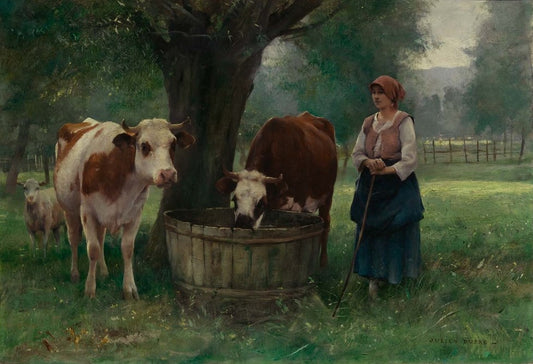 Young Woman Watering Cattle, vintage artwork by Julien Dupre, 12x8" (A4) Poster