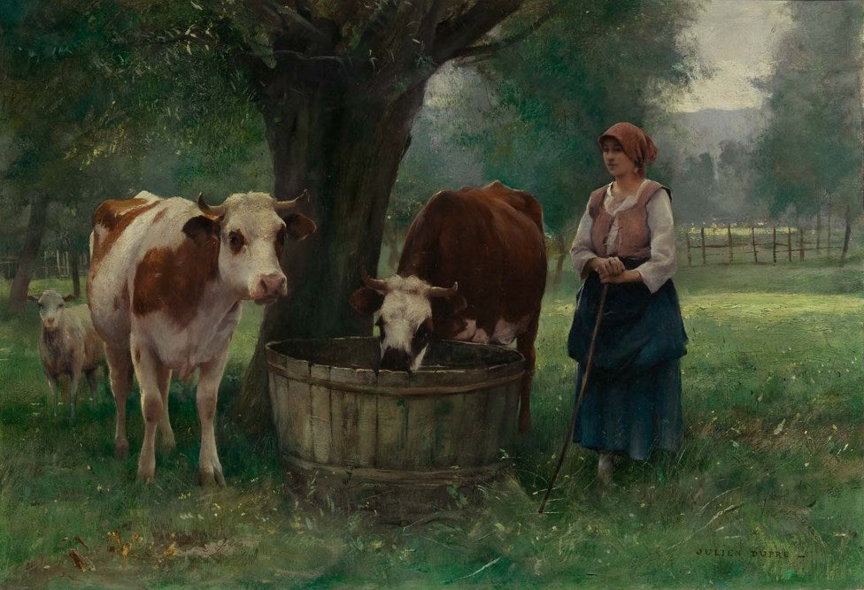 Young Woman Watering Cattle, vintage artwork by Julien Dupre, 12x8" (A4) Poster