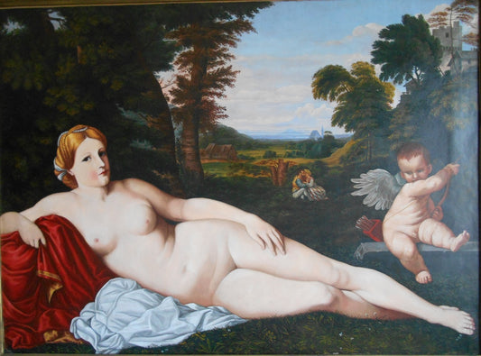 Female Nude with Putto in Nordic Landscape, vintage artwork by Attributed to Italian School 18th Century - Unknown, 12x8" (A4) Poster