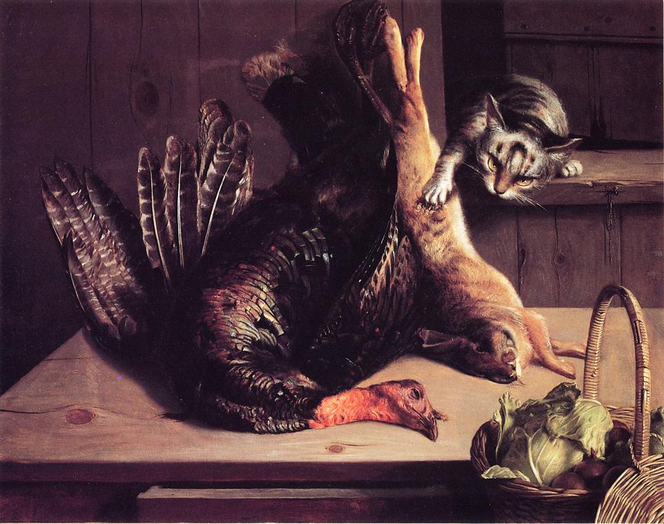 Still Life with Wild Game and Cat, vintage artwork by George Hetzel, 12x8" (A4) Poster