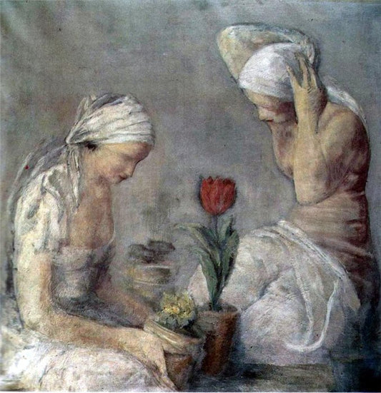 Women with a Tulip, vintage artwork by Leopold Gottlieb, 12x8" (A4) Poster