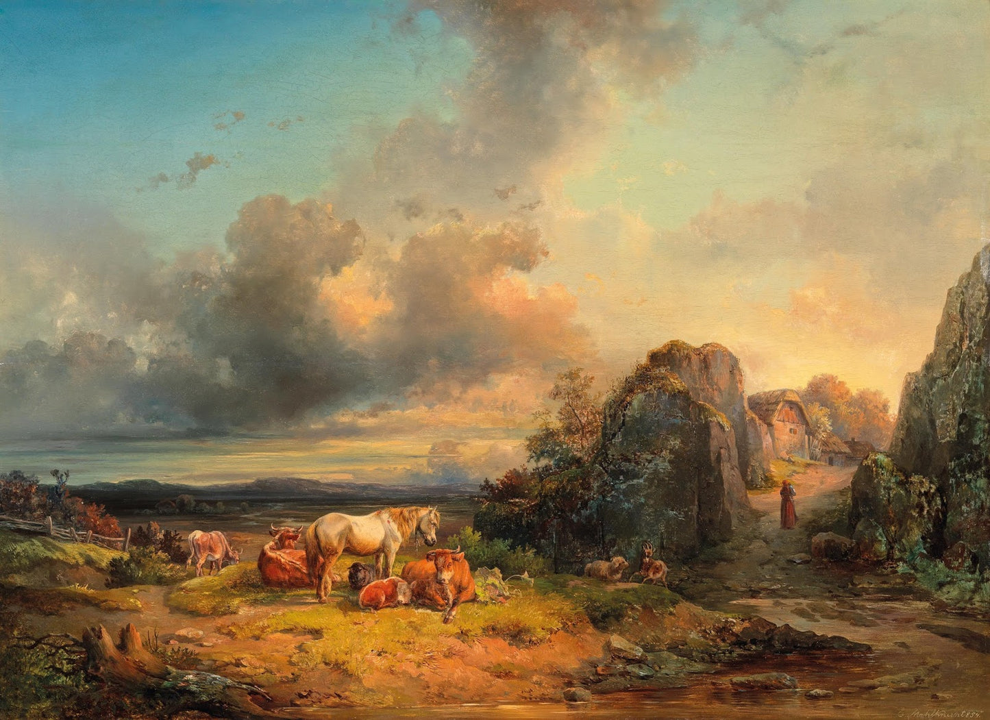 Animals in a Landscape, vintage artwork by Edmund Mahlknecht, 12x8" (A4) Poster