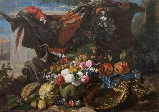 Still life with fighting cat and parrot, vintage artwork by David de Coninck, 12x8" (A4) Poster