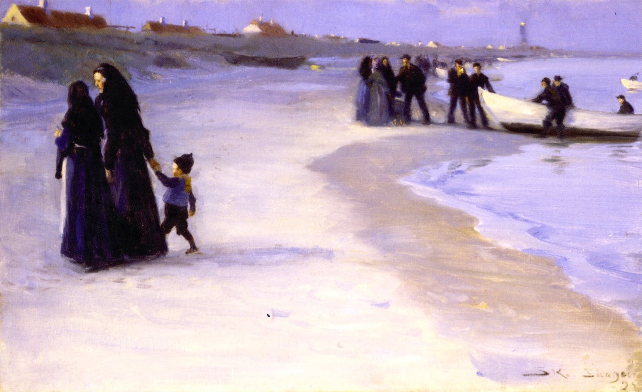 A White Boat at the Shoreline, Late Summer Evening, vintage artwork by Peder Severin Kroyer, 12x8" (A4) Poster