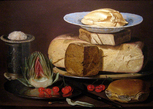 Still Life with Cheeses, Artichoke and Cherries, vintage artwork by Clara Peeters, 12x8" (A4) Poster
