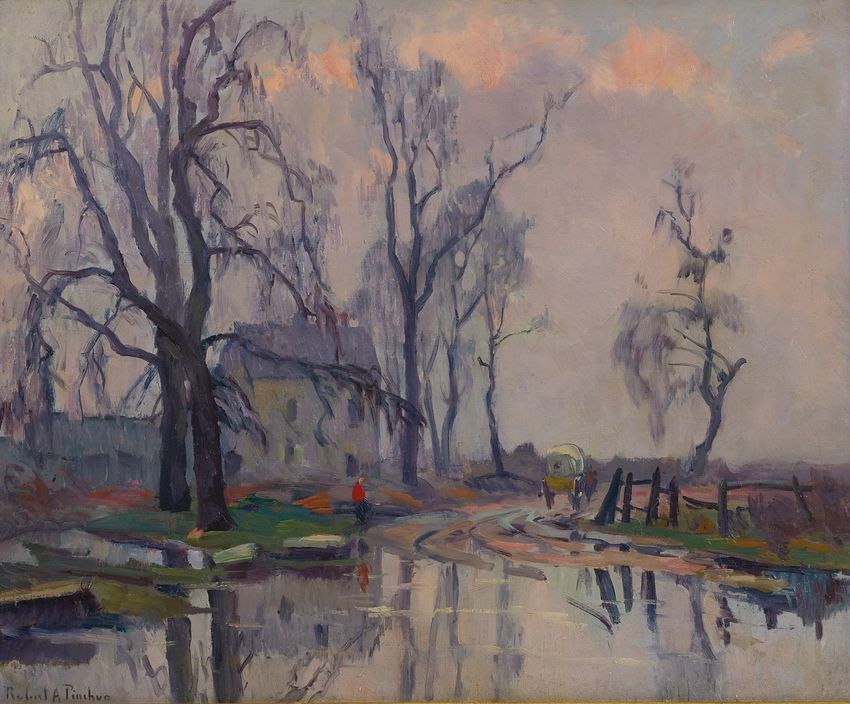 Carriole sur chemin bordé d'eau by Robert Antoine Pinchon,16x12(A3) Poster