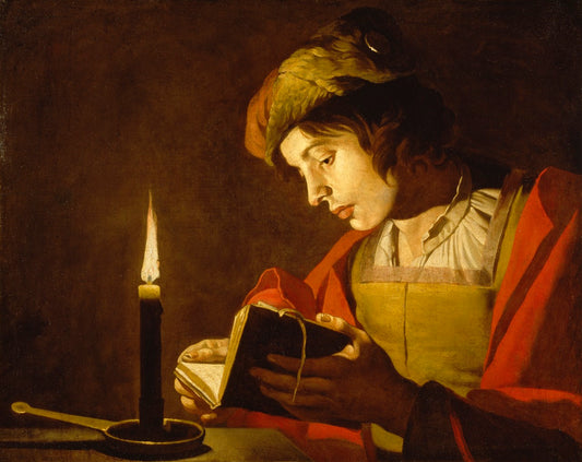 A Young Man Reading by  Candlelight, vintage artwork by Matthias Stomer, 12x8" (A4) Poster