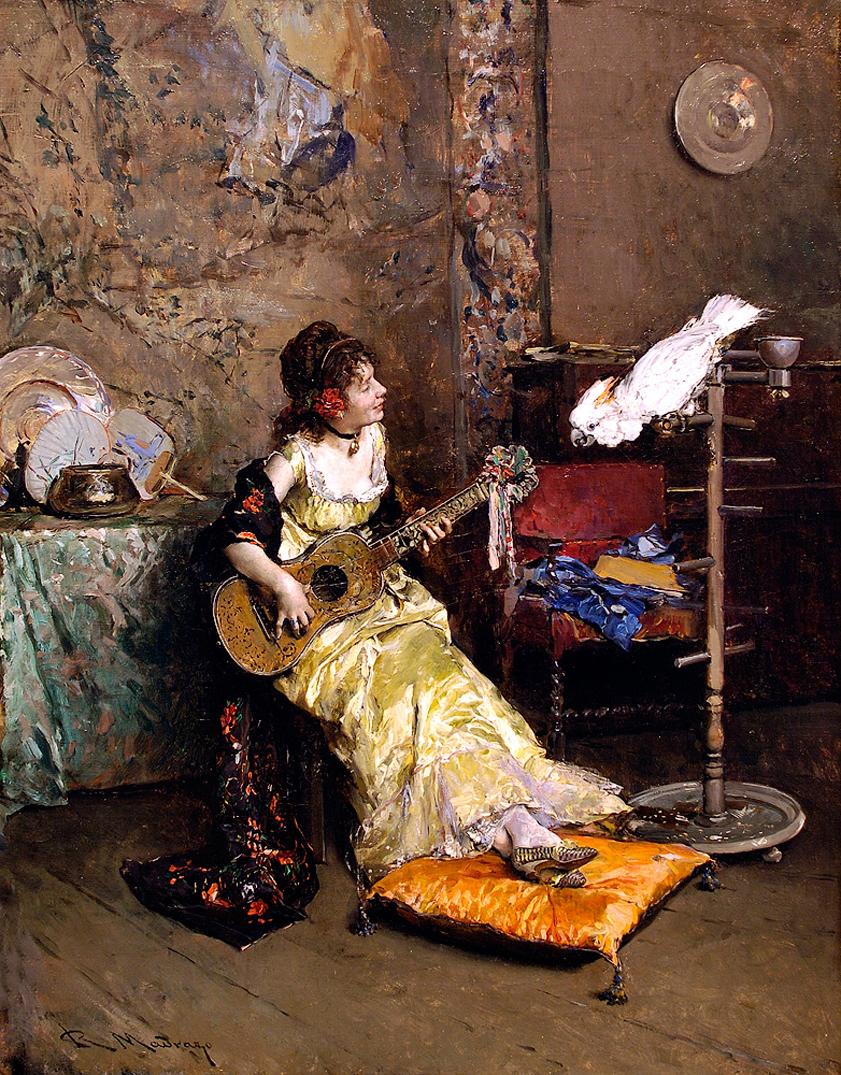 Girl With A Guitar and Parrot, vintage artwork by Raimundo de Madrazo y Garreta, 12x8" (A4) Poster