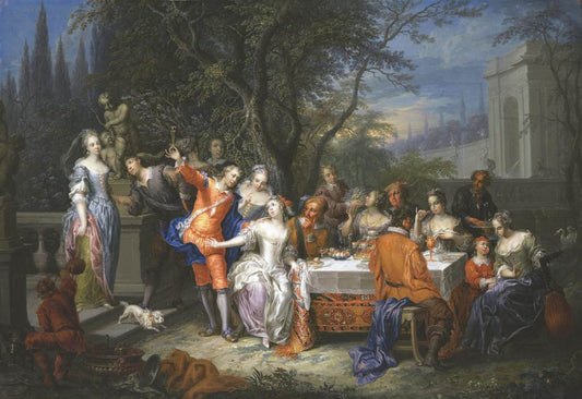 A Palace Garden with Elegant Figures, vintage artwork by Franz Christoph Janneck, 12x8" (A4) Poster