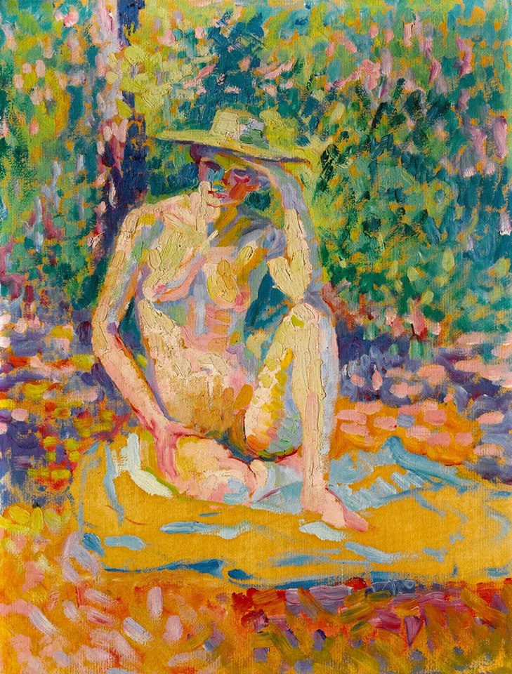 Étude pour Nymphes :femme au chapeau,nu en plein air, vintage artwork by Henri-Edmond Cross, 12x8" (A4) Poster