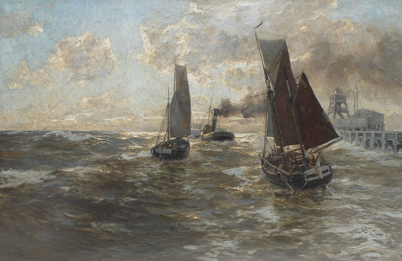 Cutters and Tugboat in the North Sea, vintage artwork by Erwin Günther, 12x8" (A4) Poster