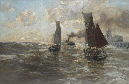 Cutters and Tugboat in the North Sea, vintage artwork by Erwin Günther, 12x8" (A4) Poster