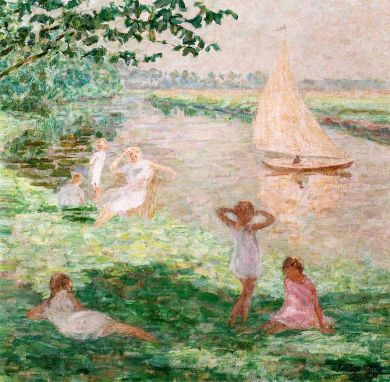 Young Girls near the Lys River by Jenny Montigny,16x12(A3) Poster