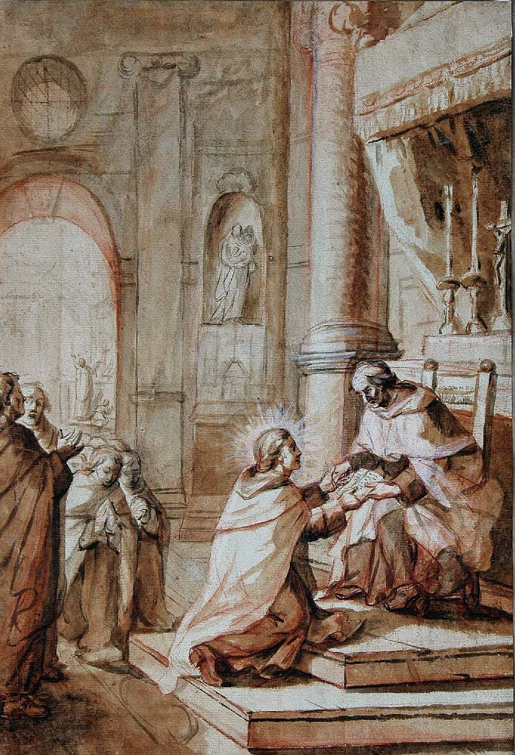 A Monk Being Given the Rules of his Order, vintage artwork by Jean Daret, 12x8" (A4) Poster