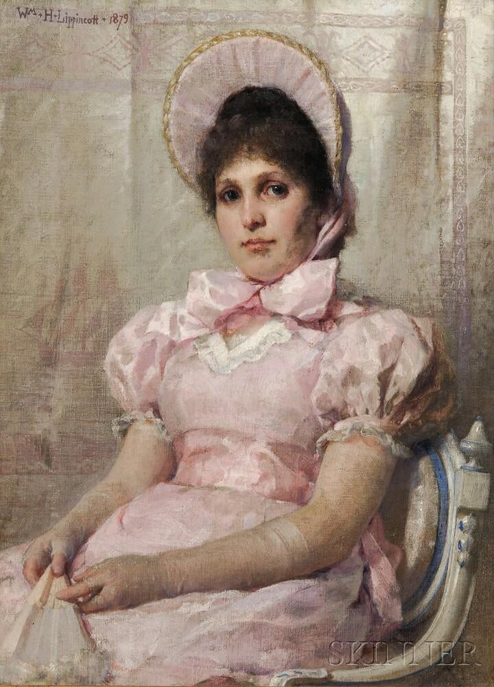 Portrait of a Seated Woman in Pink Holding a Fan, vintage artwork by William Henry Lippincott, 12x8" (A4) Poster