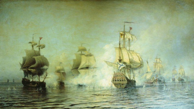 Battle at Osel Island, 1719, vintage artwork by Alexei Bogoliubov, 12x8" (A4) Poster