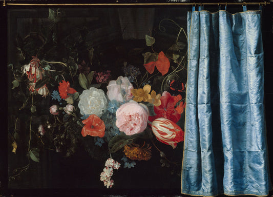 Trompe l'Oeil Still Life with a Fower Garland and a Curtain, vintage artwork by After Frans van Mieris the Elder, 12x8" (A4) Poster