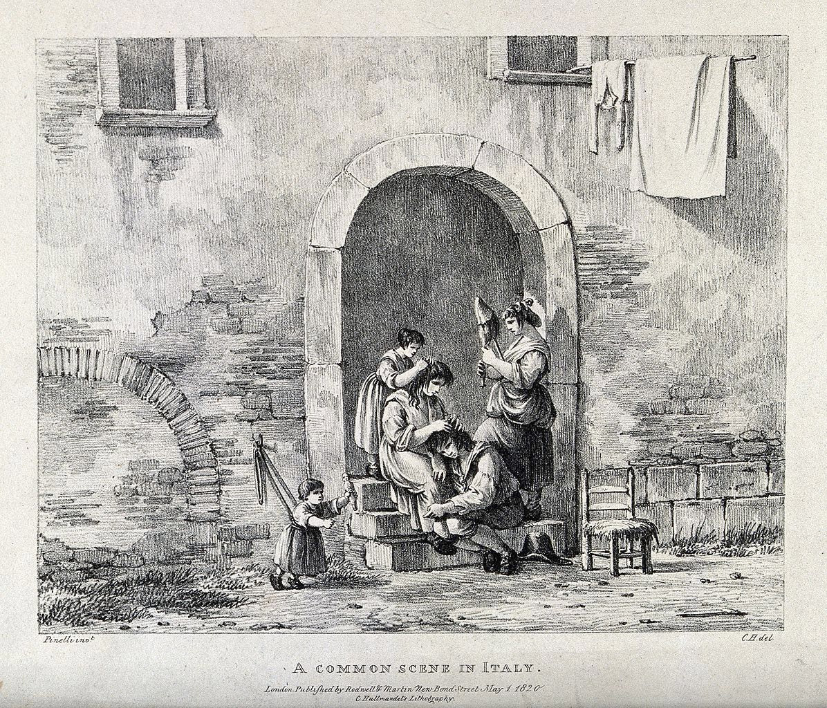 A family picking fleas from each other's heads, vintage artwork by Bartolomeo Pinelli, 12x8" (A4) Poster