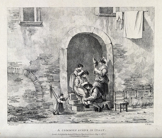 A family picking fleas from each other's heads, vintage artwork by Bartolomeo Pinelli, 12x8" (A4) Poster