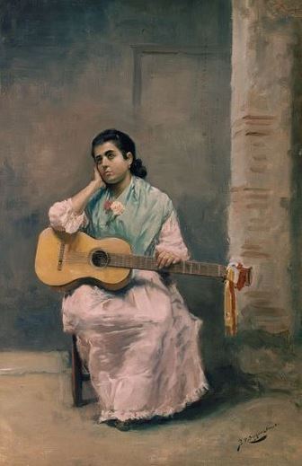Gitana con guitarra, vintage artwork by Jose María Rodríguez-Acosta, 12x8" (A4) Poster