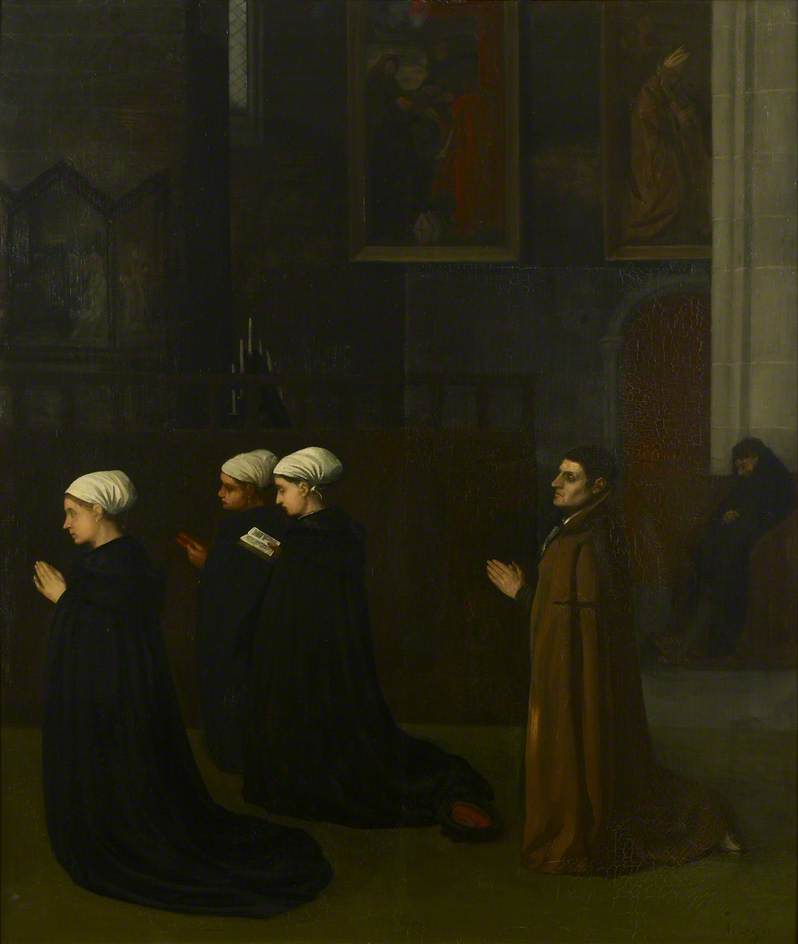 Interior of a Church with Kneeling Figures, vintage artwork by Alphonse Legros, 12x8" (A4) Poster