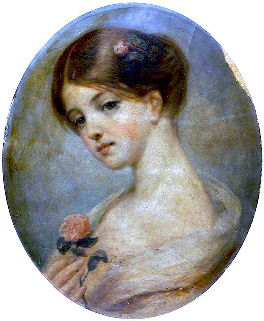 Portrait of a Girl holding a Rose, vintage artwork by Pierre Joseph Dedreux-Dorcy, 12x8" (A4) Poster