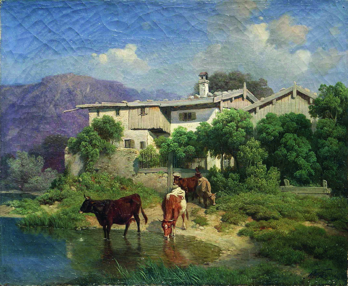 Farm in Switzerland, vintage artwork by Mikhail Konstantinovich Klodt, 12x8" (A4) Poster