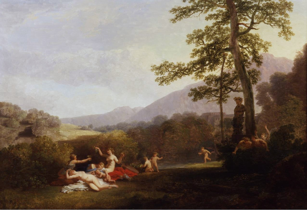 Nymphs and Fauns in a Landscape with a Statue, vintage artwork by Jacques-Antoine Vallin, 12x8" (A4) Poster